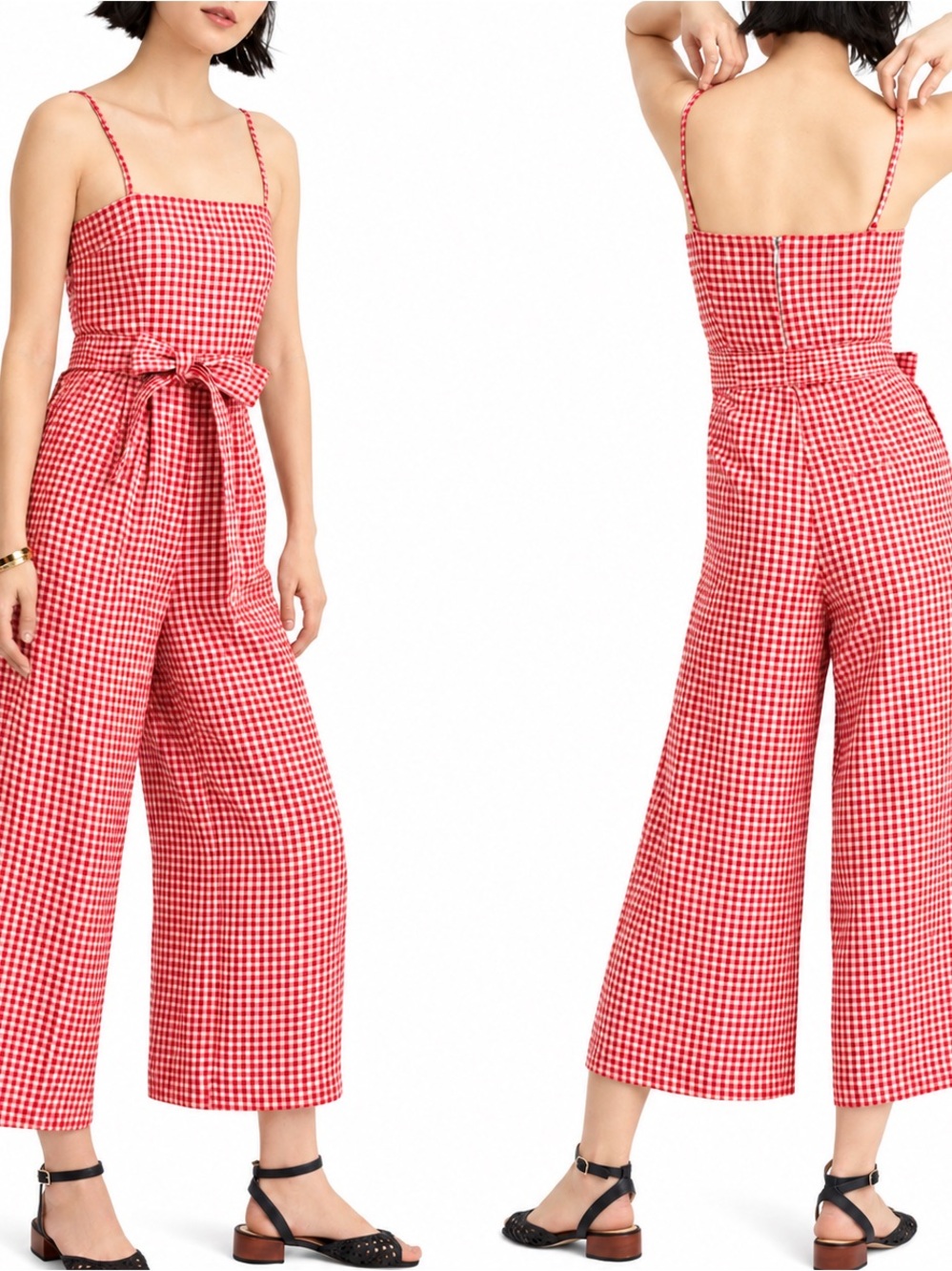 J.Crew Women’s Size 2 Red Gray Gingham 100% Linen Wide Leg Jumpsuit Belted